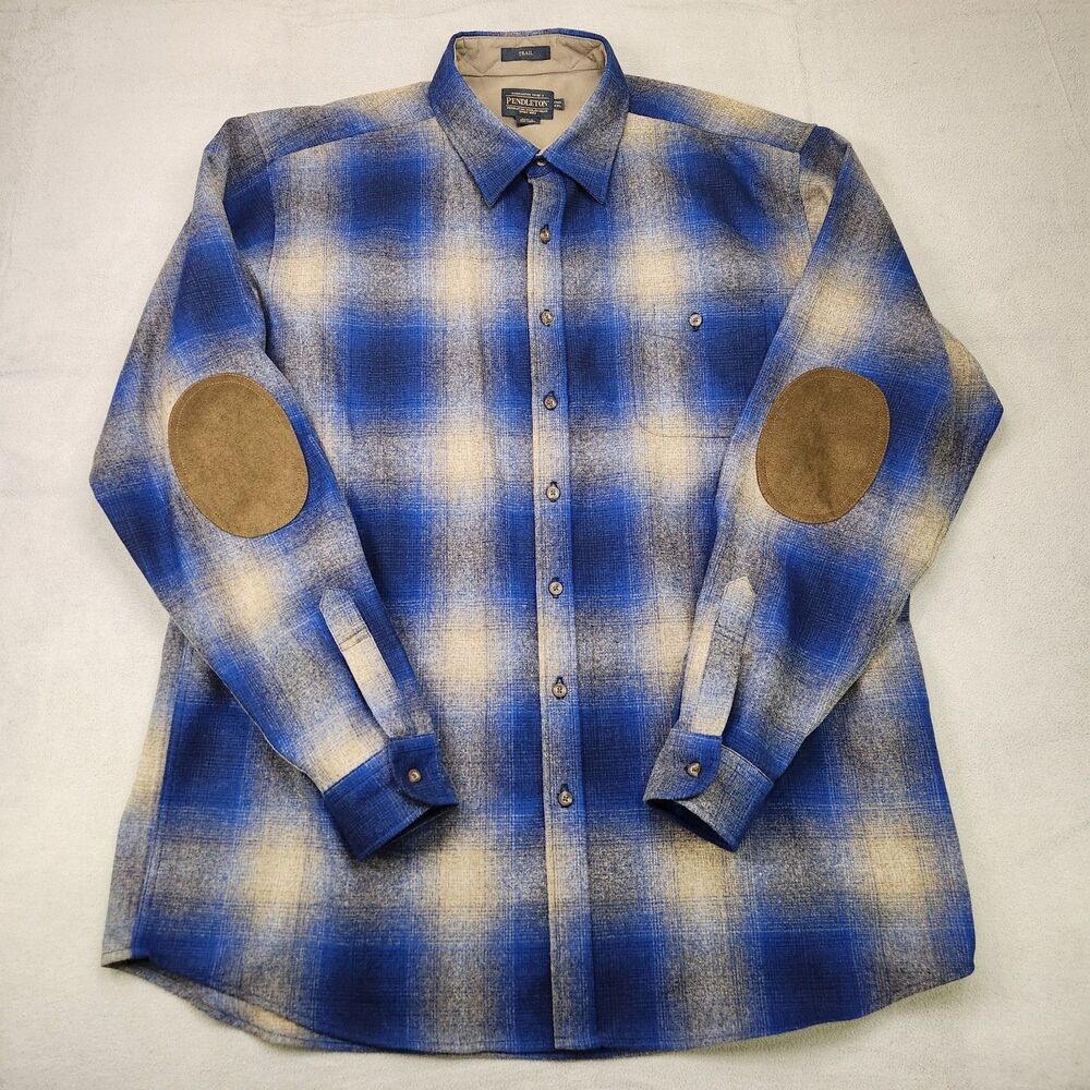 Pendleton Trail Shirt Men's 2XLT Blue Beige Plaid Button Up Wool Elbow Patches